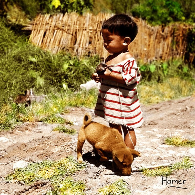 PHILIPPINEN REISEN - GESCHICHTE - Philippinischer Junge mit Hund in 1949 COLORIERTE FOTOS - Photograph by Jack Birns. Colorized by Homer Fernandez.